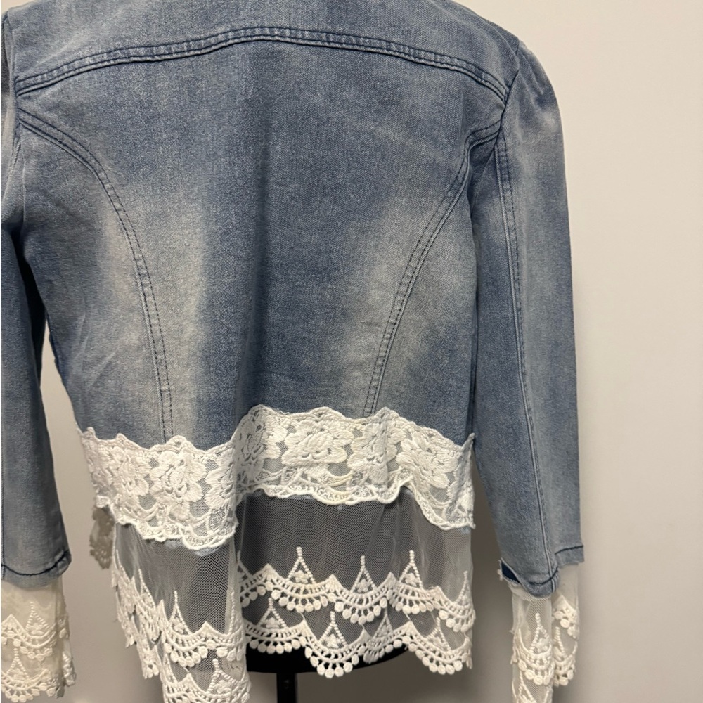 Elegant Lace & Pearl Trimmed Denim Jacket by Military Hippie size small - Picture 6 of 10